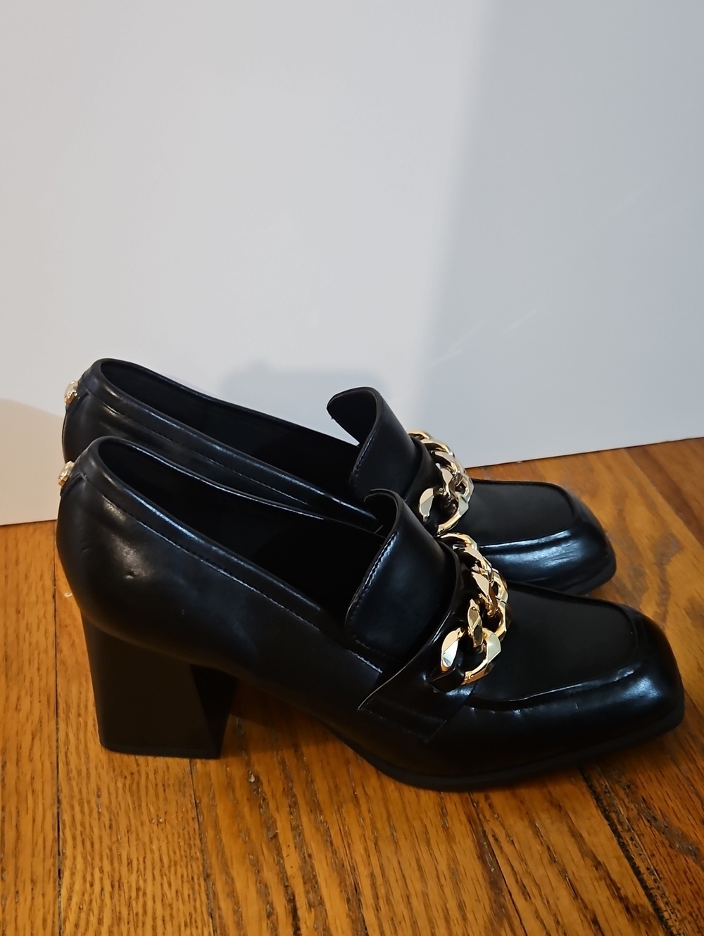 Nine West Black Leather Block Heel Loafers with Gold Chain